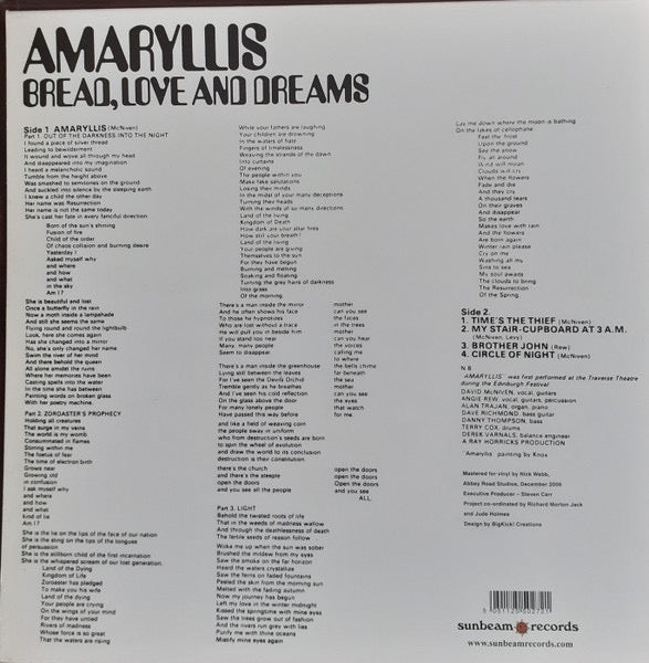 Image of Back Cover of LP - VG+/VG+ - BREAD LOVE AND DREAMS, Amaryllis (Sunbeam Records; SBRLP5027, UK 2007 Reissue, Gatefold, 180g), ,  - 2316030C