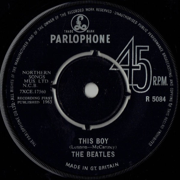 Image of Back Cover of 3214164C: 7" - THE BEATLES, I Want To Hold Your Hand (Parlophone; R5084, UK 1963, Company Sleeve) Cat number & date stamp on sleeve.  VG+/VG+