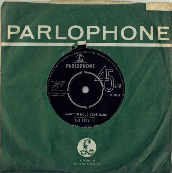 Image of Label Cover of 3214164C: 7" - THE BEATLES, I Want To Hold Your Hand (Parlophone; R5084, UK 1963, Company Sleeve) Cat number & date stamp on sleeve.  VG+/VG+