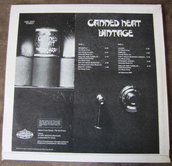 Image of Back Cover of LP - VG/VG - CANNED HEAT, Vintage Heat (Pye Blue; NSPL28129, UK 1969, Laminated Flipback Sleeve), Surface marks and scuffing.Laminate creasing, writing on back of sleeve, ring and edge wear.,  - 0626165E