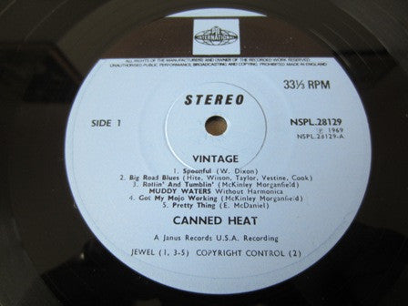 Image of Label Cover of LP - VG/VG - CANNED HEAT, Vintage Heat (Pye Blue; NSPL28129, UK 1969, Laminated Flipback Sleeve), Surface marks and scuffing.Laminate creasing, writing on back of sleeve, ring and edge wear.,  - 0626165E