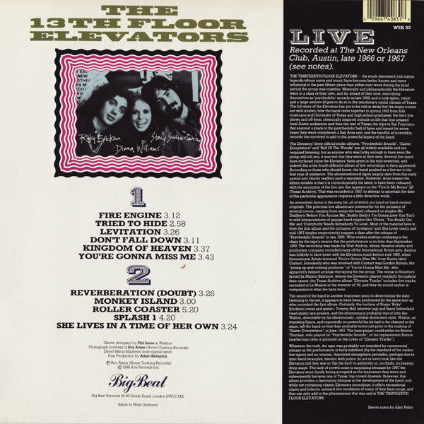 Image of Back Cover of 4124034E: LP - 13TH FLOOR ELEVATORS, Live - I've Seen Your Face Before (Big Beat; WIK 82, UK 1988)   VG/VG