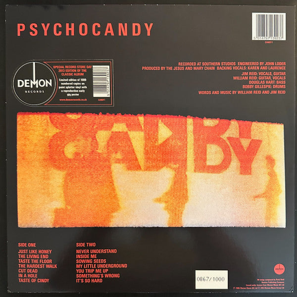 Image of Back Cover of LP - VG+/EX - THE JESUS AND MARY CHAIN, Psychocandy (Demon Records; CANDY1, UK 2013 Reissue, Inner, Poster, Red & Black Paint Splatter Vinyl), Limited Edition No0401/1000,  - 3226248E