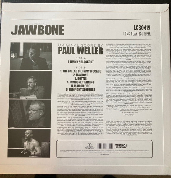 Image of Back Cover of 3845140S: LP - PAUL WELLER, Music From The Film Jawbone (Parlophone; 0190295866020, Europe 2017, Flipback Sleeve) Edge and Ring Wear  VG/VG+