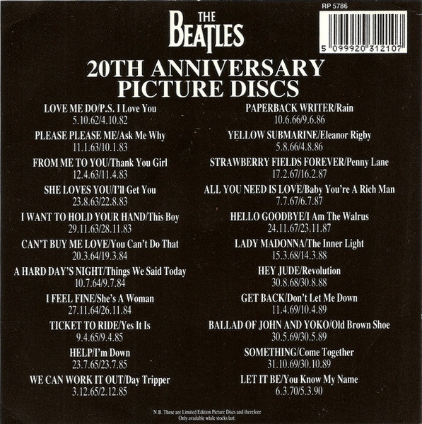 Image of Back Cover of 3914371C: 7" - THE BEATLES, Ballad Of John And Yoko (Parlophone; RP 5786, UK 1989 Reissue, PVC Sleeve, Insert, Picture Disc)   VG+/VG+