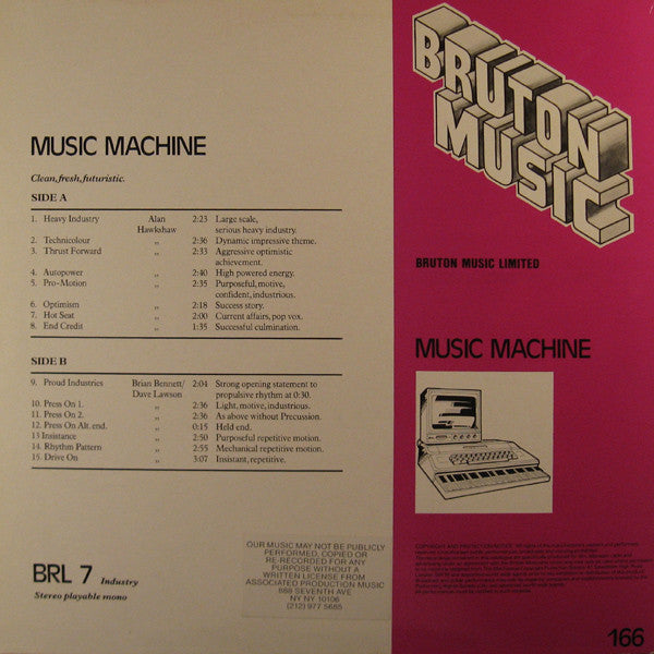Image of Back Cover of LP - VG/VG+ - ALAN  HAWKSHAW, BRIAN BENNET, DAVE LAWSON , Music Machine  (Bruton Music ; BRL 7, UK 1981), Edge Wear, Light Sticker Mark,  - 3946094S