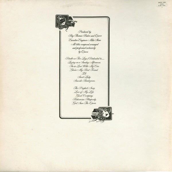 Image of Back Cover of LP - VG/G+ - QUEEN, A Night At The Opera (EMI; EMTC, UK 1975, Embossed Gatefold Sleeve, No Inner), Old HMV sticker on sleeve. Hairlines on disc.,  - 2646061S