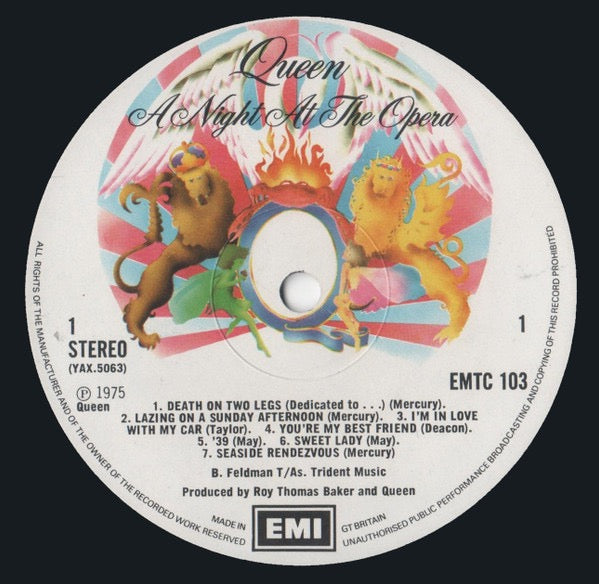 Image of Label Cover of LP - VG/G+ - QUEEN, A Night At The Opera (EMI; EMTC, UK 1975, Embossed Gatefold Sleeve, No Inner), Old HMV sticker on sleeve. Hairlines on disc.,  - 2646061S