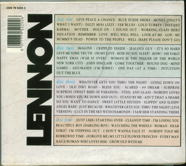 Image of Back Cover of 4xCD - VG+/G+ - JOHN LENNON, Lennon (Parlophone; CDS7952202, UK 1990, Booklet), Disc 1 and 4 scratched. The booklet has a broken spine.,  - 1756281S