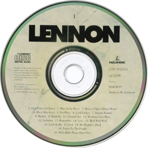 Image of Label Cover of 4xCD - VG+/G+ - JOHN LENNON, Lennon (Parlophone; CDS7952202, UK 1990, Booklet), Disc 1 and 4 scratched. The booklet has a broken spine.,  - 1756281S