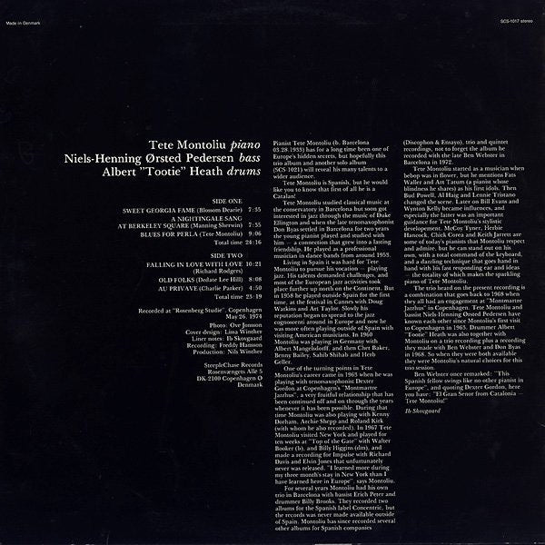 Image of Back Cover of 1715005C: LP - TETE MONTOLIU TRIO, Catalonian Fire (SteepleChase; SCS 1017, Denmark 1974, Glossy Sleeve) Lots of light marks. Edge and corner wear to sleeve.  VG/G