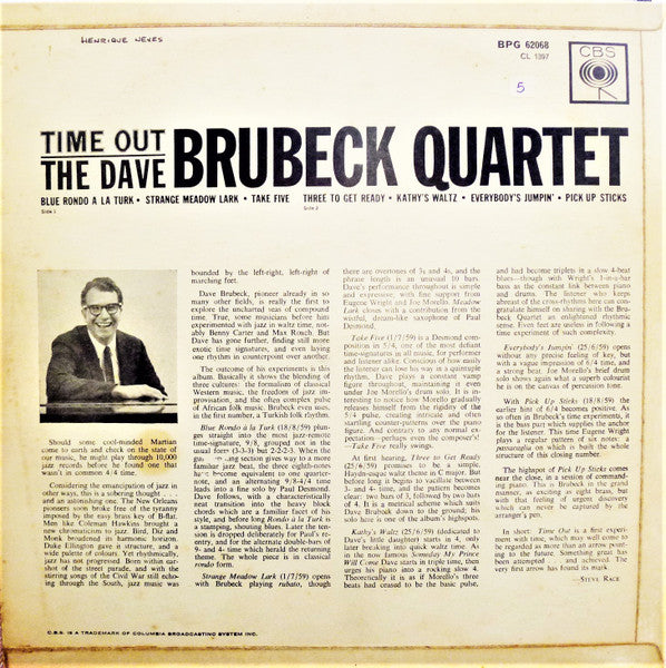 Image of Back Cover of LP - G+/G - THE DAVE BRUBECK QUARTET, Time Out (CBS Rough Orange; BPG 62068, UK 1962, Flipback Sleeve, Mono), Lots of marks to disc. Plays with some surface noise but nothing too intrusive. Seam split to base of sleeve but otherwise is nice.,  - 3216166C