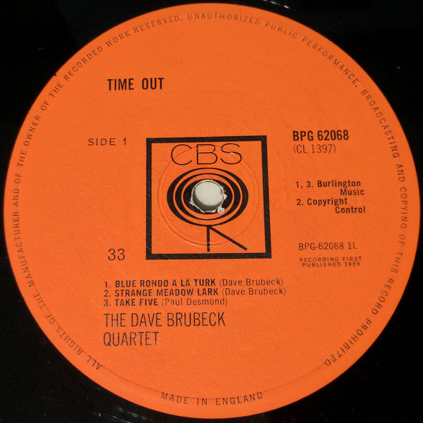 Image of Label Cover of LP - G+/G - THE DAVE BRUBECK QUARTET, Time Out (CBS Rough Orange; BPG 62068, UK 1962, Flipback Sleeve, Mono), Lots of marks to disc. Plays with some surface noise but nothing too intrusive. Seam split to base of sleeve but otherwise is nice.,  - 3216166C