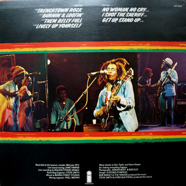 Image of Back Cover of 3015850C: LP - BOB MARLEY AND THE WAILERS, Live! (Island Records; ILPS 9376, UK 1975, Inner, Poster, Sticker) Strong VG to sleeve - minor shelf wear. Disc is clean. Poster and inner in immaculate condition.  VG/EX