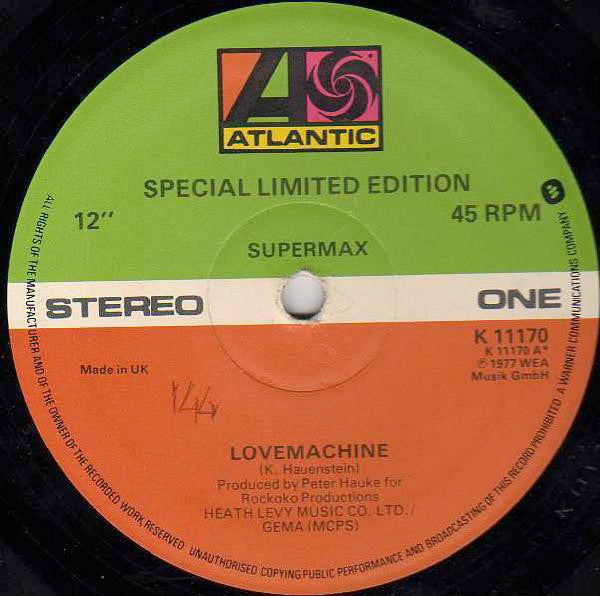 Image of Front Cover of 4414139C: 12" - SUPERMAX, Love Machine / Dance, Dance, Dance (Atlantic; K 11170, UK 1979, Company Sleeve) Small pressing flaw on B side.  VG/VG