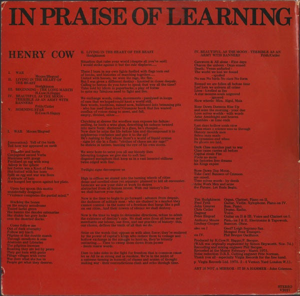 Image of Back Cover of 0125304E: LP - HENRY COW, In Praise of Learning (Virgin B&W Drawing; V2027, UK 1975, Laminated Sleeve, Company Inner) Corner Bumps  VG/VG+