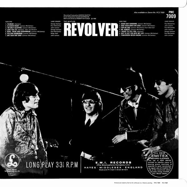 Image of Back Cover of LP - VG+/VG - THE BEATLES, Revolver (Parlophone Black/Yellow; PMC 7009, UK 1966, Flipback G&L Sleeve, Mono, XEX-605-2, XEX 606-3 KT Tax Code. DOCTOR ROBERT Label. DR. ROBERT Sleeve.), ,  - 3126046E
