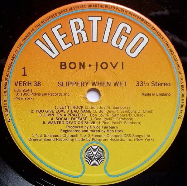 Image of Label Cover of LP - VG/VG - BON JOVI, Slippery When Wet (Vertigo; VERH 38, UK 1986, Inner, "JA" Matrix, Blue Label Rims Both Sides), ,  - 2926039E