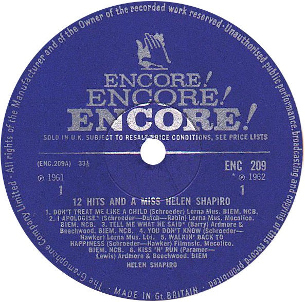 Image of Label Cover of 2814368C: LP - HELEN SHAPIRO, 12 Hits And A Miss Helen Shapiro (Encore!; ENC 209, UK 1965, Laminated Flipback Sleeve, Mono) Date stamped and track times written on rear of sleeve.  VG/VG