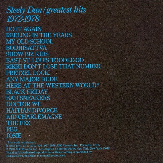 Image of Back Cover of 2xLP - VG/VG - STEELY DAN, Greatest Hits (ABC Orange Concentric Rings - No Note Logo; AK-1107, US 1978, Gatefold), Hairlines, edge  wear, slight crinkle from water damage,  - 2446180S