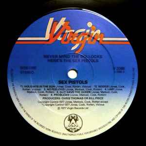 Image of Label Cover of LP - VG/G+ - SEX PISTOLS, Never Mind the Bollocks (Virgin Blue & White; V2086, UK 1977, 11 Titles On Rear, No Timings, Vicious Credit On EMI, Producer Chris Thomas Or Bill Price), Lots of light wispy hairline marks, Good gloss to disc, Nice sleeve, Just some light wear to edges and spine. ,  - 4016105C