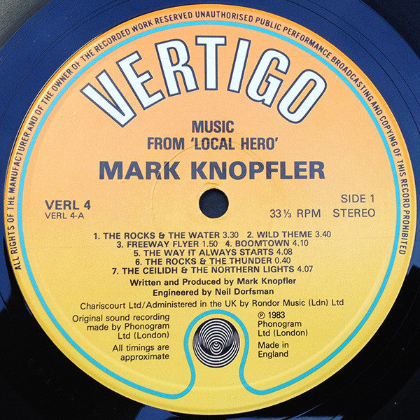 Image of Label Cover of LP - VG/VG - MARK KNOPFLER, Local Hero (Vertigo; VERL 4, UK 1983, Non-Textured Sleeve), ,  - 2226427E
