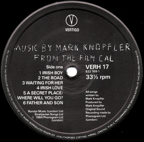 Image of Label Cover of LP - VG/VG+ - MARK KNOPFLER, Music By Mark Knopfler From The Film Cal (Vertigo; VERH 17, UK 1984), ,  - 3416131C