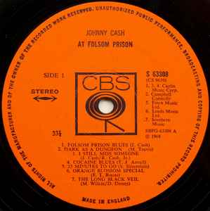 Image of Label Cover of LP - VG/VG+ - JOHNNY CASH, At Folsom Prison (CBS Orange; 63308, UK 1968, Unlaminated Sleeve, Stereo), ,  - 3026188E