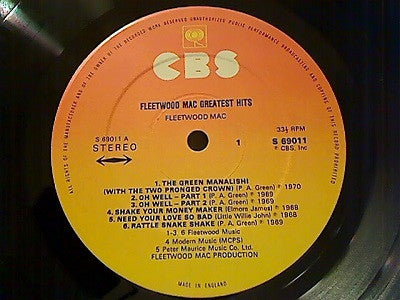 Image of Label Cover of LP - VG/VG - FLEETWOOD MAC, Greatest Hits (CBS Orange/Yellow; 69011, UK 1970s Reissue, Gatefold, Sunburst label with Track Dates.), Light hairlines and groove wear. Heavy edge wear, ring wear, creasing.,  - 2146309S