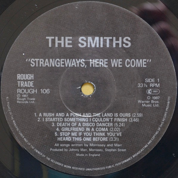 Image of Label Cover of LP - VG/VG - THE SMITHS, Strangeways, Here We Come (Rough Trade; ROUGH 106, UK 1987, Embossed Sleeve, Glossy Inner, EMI Pressing, First Press), Light marks, still in opened shrinkwrap, cover art misprinted - Band name does not line up with embossing, A-side label slighly creased,  - 3546008S