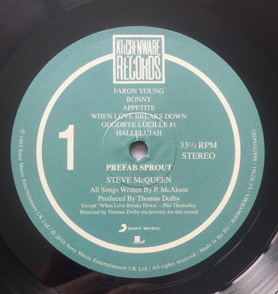 Image of Label Cover of LP - NEW/NEW - PREFAB SPROUT, Steve McQueen (Sony Music / Kitchenware; 88875194581, UK 2016 Reissue, Insert), , The glorious Steve McQueen (1985) was the second studio album by Prefab Sprout and first collaboration with producer Thomas Dolby. - 2516293C