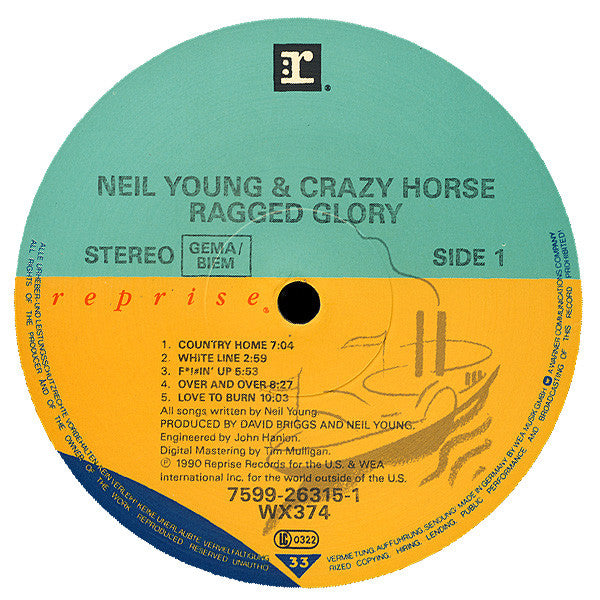 Image of Label Cover of 3414201C: LP - NEIL YOUNG + CRAZY HORSE, Ragged Glory (Reprise Records; 7599-26315-1, Europe 1990, Inner, No Publishers On Labels) Strong VG, edge wear.  VG/VG