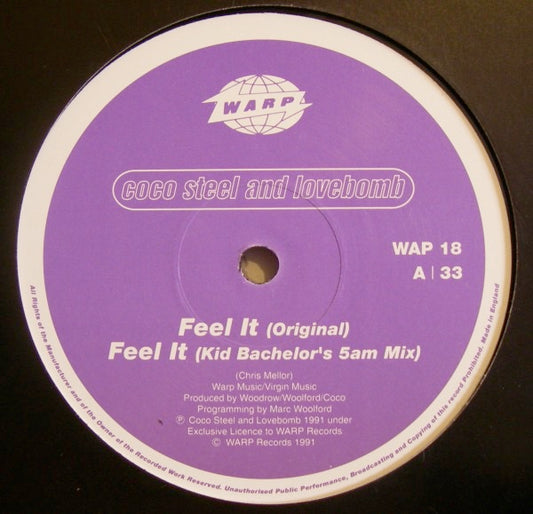 Image of Front Cover of 12" - /VG - COCO STEEL & LOVEBOMB, Feel It  (Warp; WAP 18, UK 1992, Plain Sleeve), highlighter on label - minor. few light marks - minor,  - 1646358S