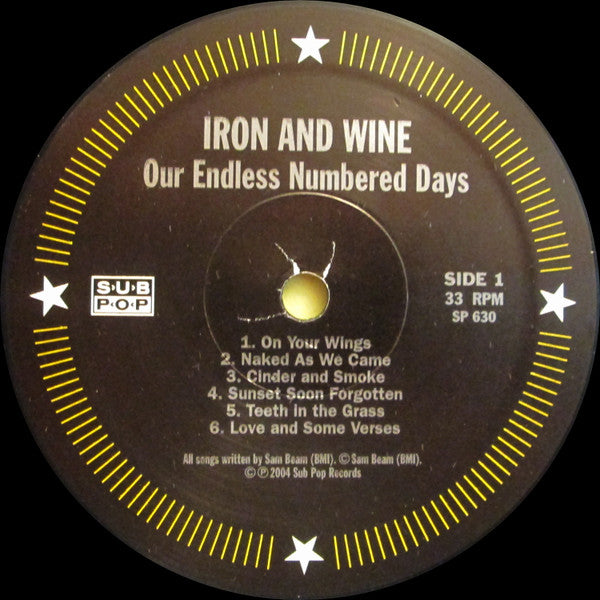 Image of Label Cover of LP - VG+/VG - IRON AND WINE, Our Endless Numbered Days (Sub Pop; SP 630, US 2005 Reissue, Insert), Light marks,  - 3746001S