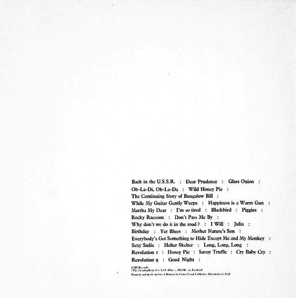 Image of Back Cover of 2xLP - VG/VG+ - THE BEATLES, The Beatles (Apple Records With An E.M.I Recording On Labels & Mfd. In U.K. Above Side Indicator; PCS 7067/8, UK 1984 Reissue, Embossed Gatefold, 4 Prints, Poster, Stereo), Clean glossy discs, Clean poster and prints, Nice robust sleeve, Justa few small stain spots mostly on rear,  - 2516088C