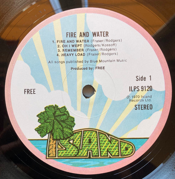 Image of Label Cover of 4614283C: LP - FREE, Fire and Water (Island Pink Rim; ILPS 9120, UK 1971 Reissue, No Black Swirl Logo On Label, A5/B5 Matrix) Light Marks only.  VG/VG