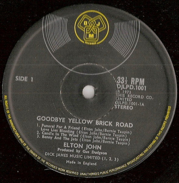 Image of Label Cover of 2xLP - VG/G - ELTON JOHN, Goodbye Yellow Brick Road (DJM Black Yellow and Silver Labels; DJLPD 1001, UK 1973, Triple Gatefold, Numerical Side Indicators, Opaque Vinyl), Lots of light marks and hairlines. ,  - 2316474C