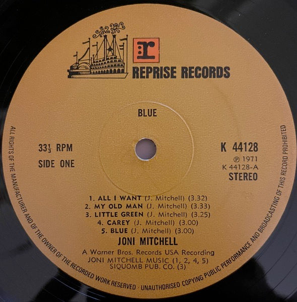 Image of Label Cover of LP - VG/G - JONI MITCHELL, Blue (Reprise Tan, No WB Logo, No Made In UK; K44128, UK 1971, Textured Gatefold Sleeve, Blue Inner, A1 / B1 Matrix), Edgewear. Many marks on the record.,  - 2226032E