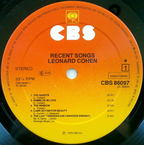 Image of Label Cover of LP - VG/VG+ - LEONARD COHEN, Recent Songs (CBS; 86097, Europe 1979, Inner), Edge wear and a pen mark on cover. Disc is immaculate.,  - 2946186S