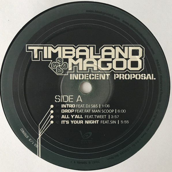 Image of Label Cover of 2xLP - VG/VG - TIMBALAND & MAGOO, Indecent Proposal (Blackground Records; 7243 8 10946 1 7 / VUSLP204, Europe 2001, Picture Sleeve), Light marks. Sticker residue on labels. Light wear to edge of sleeve with ringwear. Promo sticker on back of sleeve.,  - 3726391E