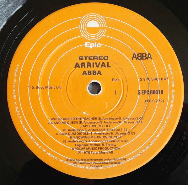 Image of Label Cover of 2614041C: LP - ABBA, Arrival (Epic Orange; S EPC 86018, UK 1976, Inner, Copyright Warning on Rear Sleeve on Four Lines) Marks on vinyl. Lightwear to sleeve with multiple light creasing on edge.  VG/VG