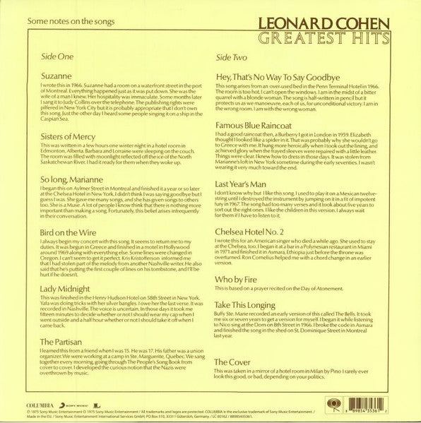 Image of Back Cover of LP - NEW/NEW - LEONARD COHEN, Greatest Hits (Columbia; 88985435361 , Europe 2018 Reissue, Insert), ,  - 2136083E