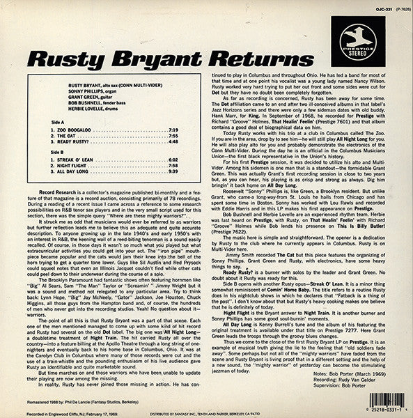 Image of Back Cover of 4644480S: LP - RUSTY BRYANT, Rusty Bryant Returns (Original Jazz Classics; OJC-331, Prestige    P-7626, US 1988 Reissue, Picture Sleeve, Company Inner) A few light hairlines. Top right corner is cut, light ring wear.  VG/VG