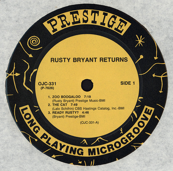 Image of Label Cover of 4644480S: LP - RUSTY BRYANT, Rusty Bryant Returns (Original Jazz Classics; OJC-331, Prestige    P-7626, US 1988 Reissue, Picture Sleeve, Company Inner) A few light hairlines. Top right corner is cut, light ring wear.  VG/VG