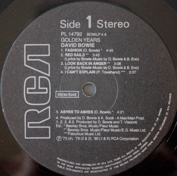 Image of Label Cover of LP - VG/VG - DAVID BOWIE, Golden Years (RCA; BOWLP4, Italy 1983), ,  - 2526366E