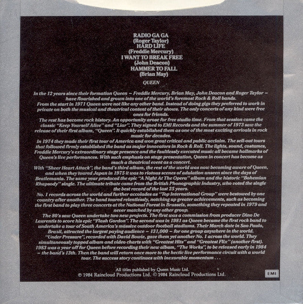 Image of Back Cover of 7" - VG+/VG+ - QUEEN , Excerpts From Their New Album "The Works"  (EMI; , UK 1984, Picture Sleeve, Flexidisc), ,  - 4126102E