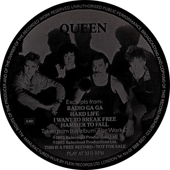 Image of Label Cover of 7" - VG+/VG+ - QUEEN , Excerpts From Their New Album "The Works"  (EMI; , UK 1984, Picture Sleeve, Flexidisc), ,  - 4126102E