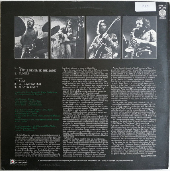 Image of Back Cover of 3944093S: LP - JOHN STEVENS' AWAY, John Stevens' Away (Vertigo; 6360 131, UK 1975) Light scuffing on A side. Edge wear, ring wear, small sticker residue on front of sleeve.  VG/VG+