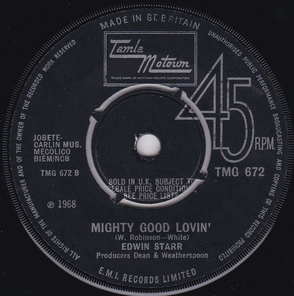 Image of Back Cover of 7" - /VG+ - EDWIN STARR, 25 Miles / Mighty Good Lovin'  (Tamla Motown; TMG 672, UK 1968, "SOLD IN U.K..." on centre. 4 prong centre.), Large centre hole. Strong VG+.,  - 2456055S