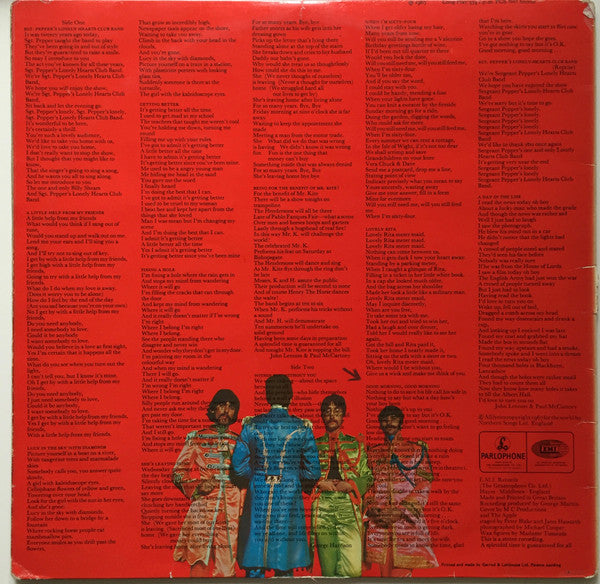 Image of Back Cover of LP - VG+/VG - THE BEATLES, Sgt. Pepper's Lonely Hearts Club Band (Parlophone Silver/Black - 1 EMI Box; PCS 7027, UK 1969 Reissue, Laminated Gatefold, Flipback Inside , Cut Outs, Stereo), Mark That Clicks For First 30 Seconds Of Side 2 - Otherwise Strong VG+,  - 1126172E